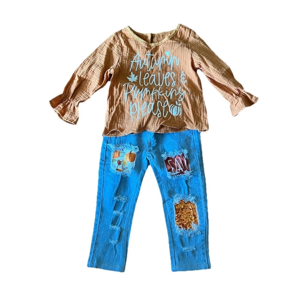 Girls Fall Theme 2pc Set Cotton Long Sleeve Top & Jeans Size XS (4-5)